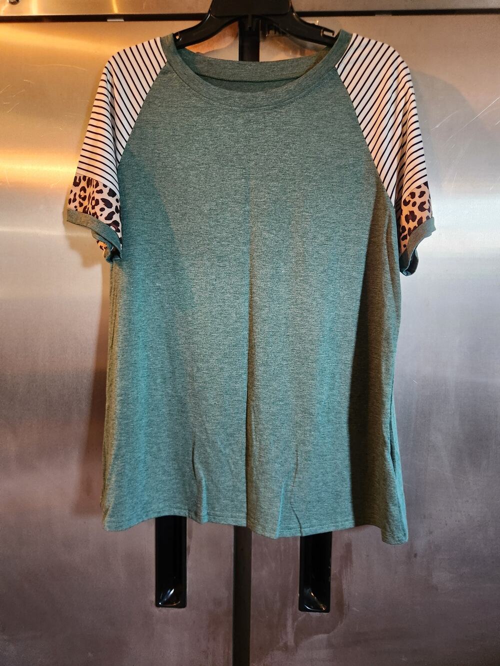 Shein Green Striped Leopard Print Colorblock Raglan Sleeve Top Size XL